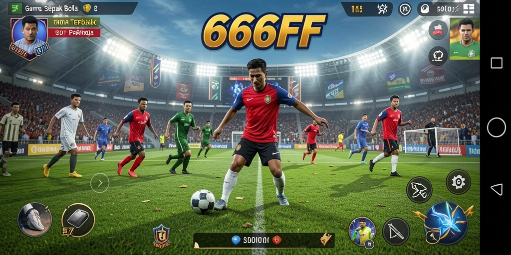 Tampilan gameplay menakjubkan di dalam 666FF dengan aksi sepak bola yang intens.
