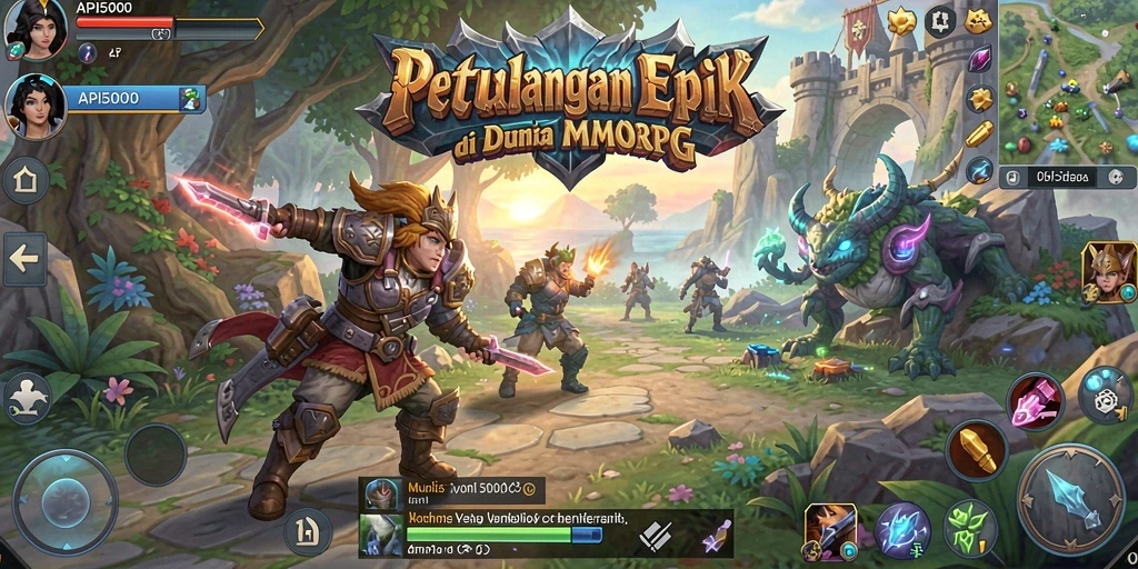 Screenshot gameplay menunjukkan pertarungan epik di dunia fantasi API5000.