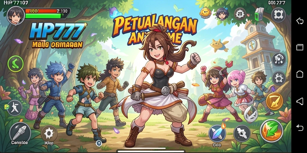 Tangkapan layar utama HP777 menampilkan karakter anime dalam aksi seru.