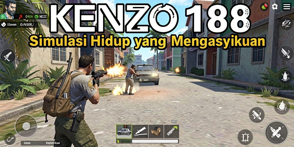 Screenshot utama KENZO188 menampilkan interaksi karakter dalam simulasi kehidupan.