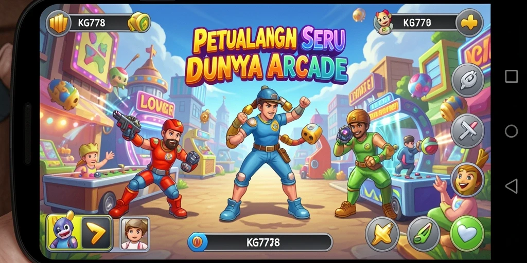Tangkapan layar menunjukkan karakter melawan musuh dalam permainan Arcade.