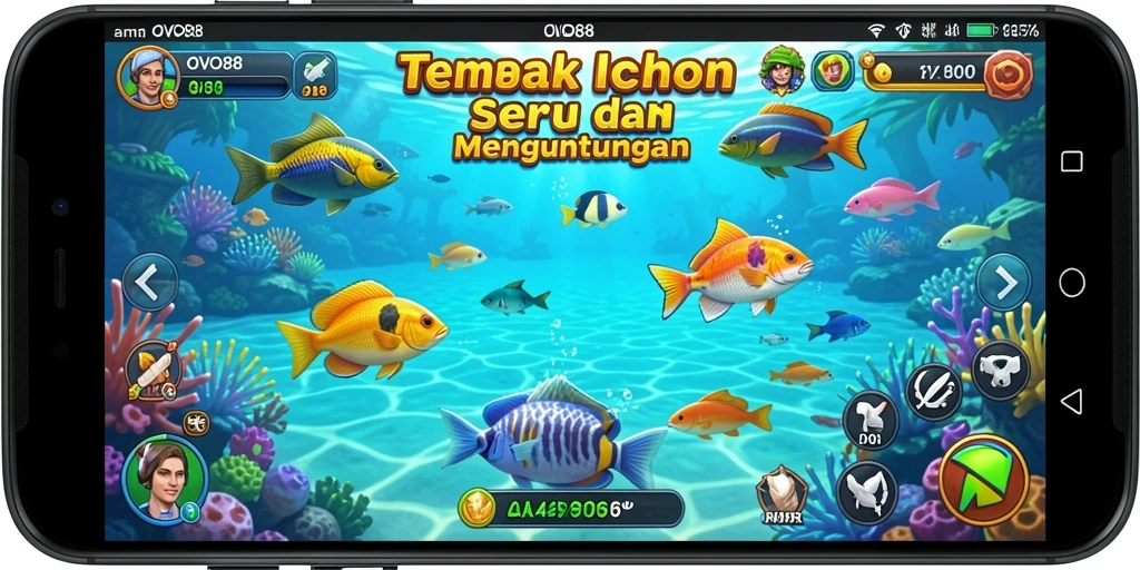 Screenshot utama OVO88 menampilkan aksi seru dalam memburu ikan.