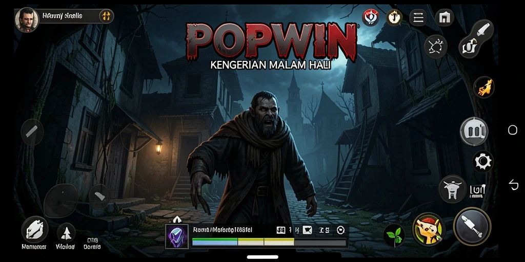 Tampilan gameplay <strong>POPWIN</strong> yang menegangkan dan menyeramkan saat menghadapi kegelapan.