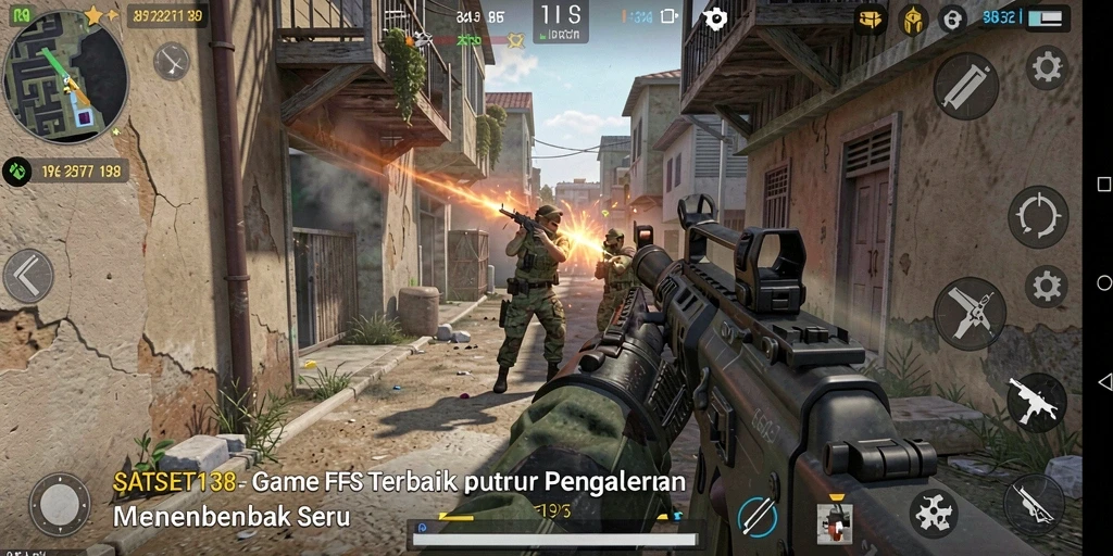 Screenshot dari SATSET138 menampilkan aksi menembak intens dalam game FPS.