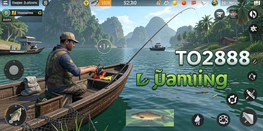 Screenshot gameplay TO288 yang menampilkan aksi seru memancing di danau.