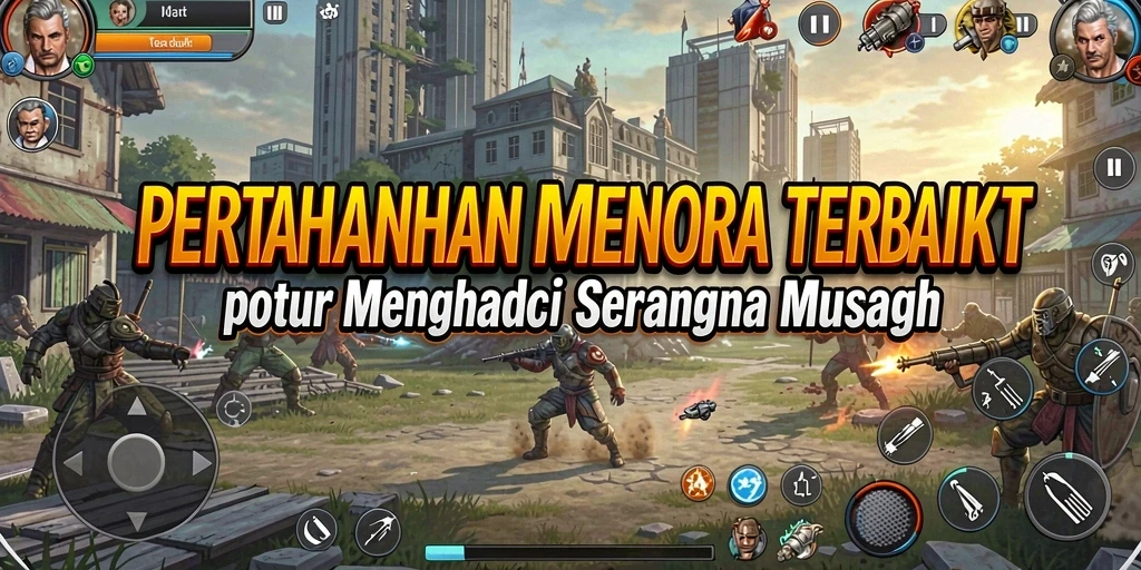 Screenshot gameplay TOPANHOKI menampilkan aksi menara melawan gelombang musuh.
