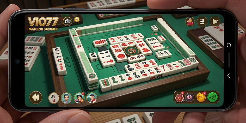 Tampilan gameplay VIO77 dengan ubin Mahjong yang berwarna-warni.